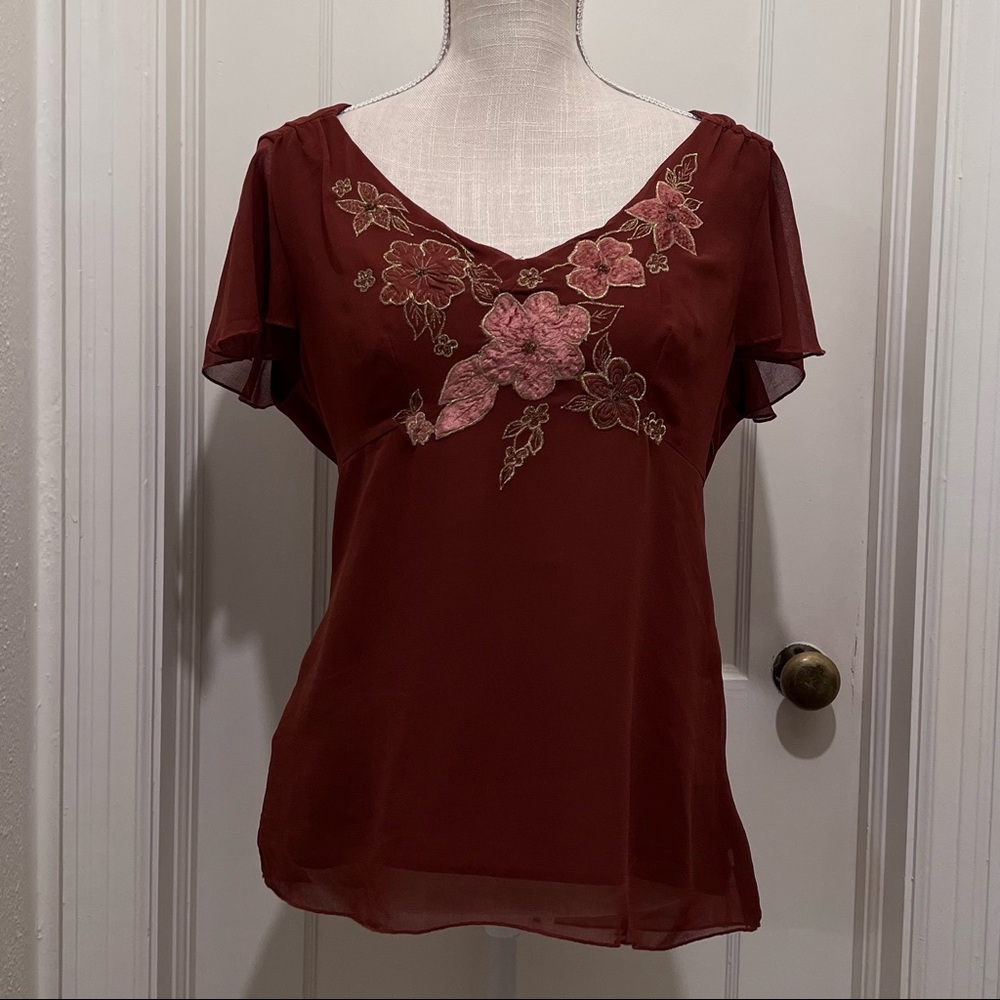 Nine & Co. by Nine West Velvet Embroidered Blouse Autumn Brown Size 12